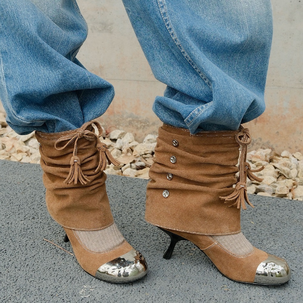 Stylish Ruched Fringe Tie Metal Cap-Toe 2-in-1 Pumps Women Shallow Mouth 6.5 CM Stiletto Heel Rivets Spring Summer Shoes 60404 60404