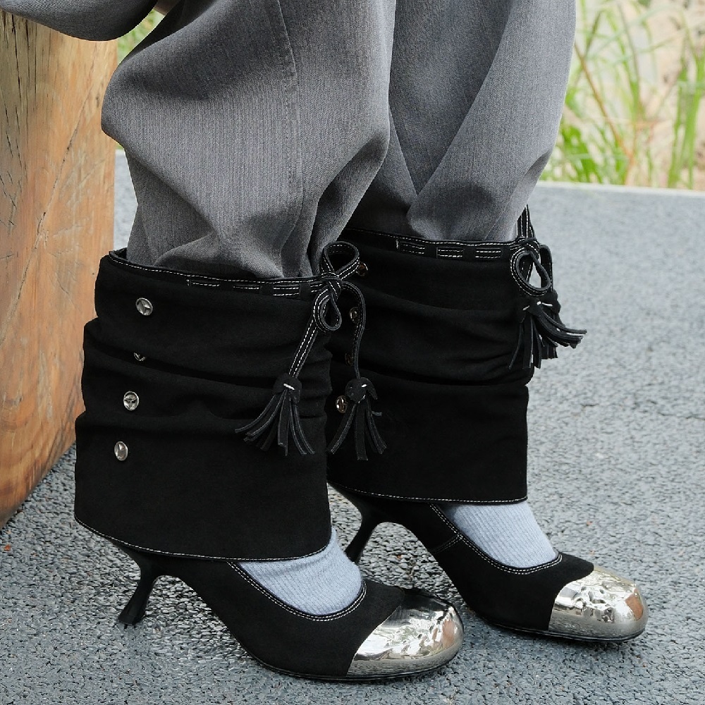 Stylish Ruched Fringe Tie Metal Cap-Toe 2-in-1 Pumps Women Shallow Mouth 6.5 CM Stiletto Heel Rivets Spring Summer Shoes 60404 60404
