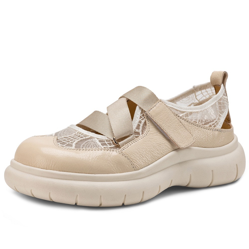 Lace & Genuine Leather Spliced Breathable Hollow-out Elastic Strap Beige Gentle Soft-Sole Comfortable Hook Loop Casual Loafers 60404