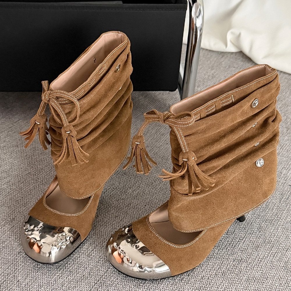 Stylish Ruched Fringe Tie Metal Cap-Toe 2-in-1 Pumps Women Shallow Mouth 6.5 CM Stiletto Heel Rivets Spring Summer Shoes 60404 60404