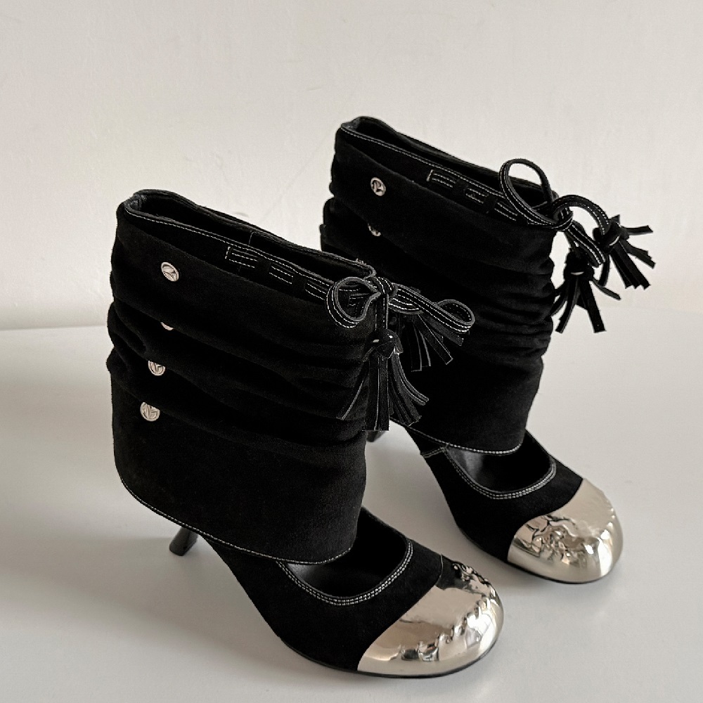 Stylish Ruched Fringe Tie Metal Cap-Toe 2-in-1 Pumps Women Shallow Mouth 6.5 CM Stiletto Heel Rivets Spring Summer Shoes 60404 60404