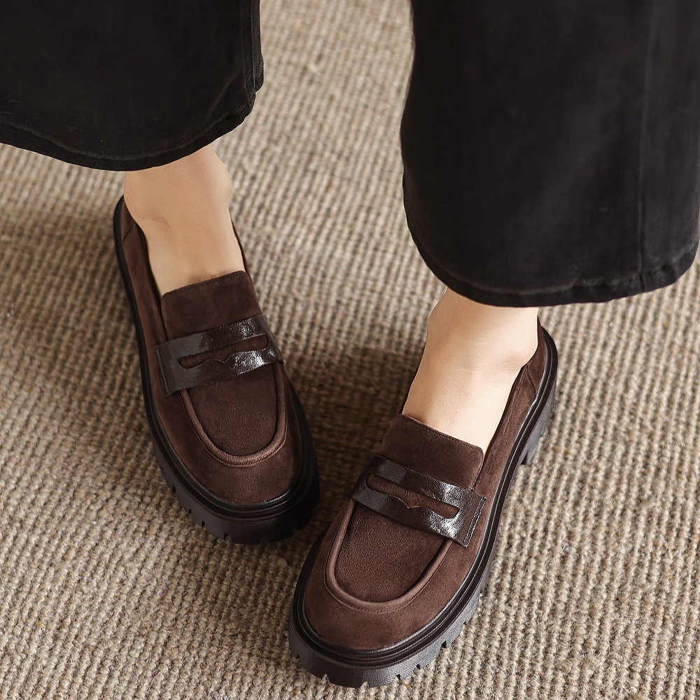 Retro British Style 5 CM Block Heel Slip-on Commuter Loafers, Matte Genuine Leather Versatile Spring Autumn Women's Pumps 60406