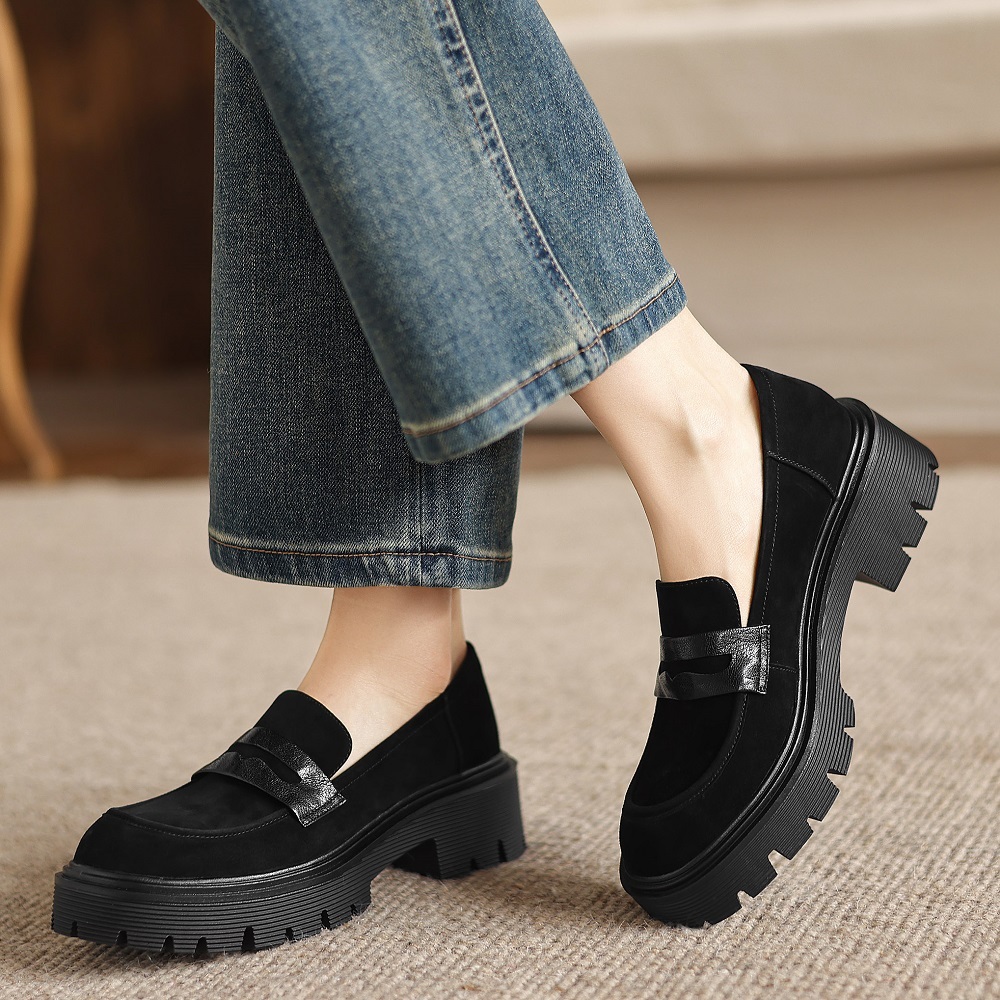 Retro British Style 5 CM Block Heel Slip-on Commuter Loafers, Matte Genuine Leather Versatile Spring Autumn Women's Pumps 60406