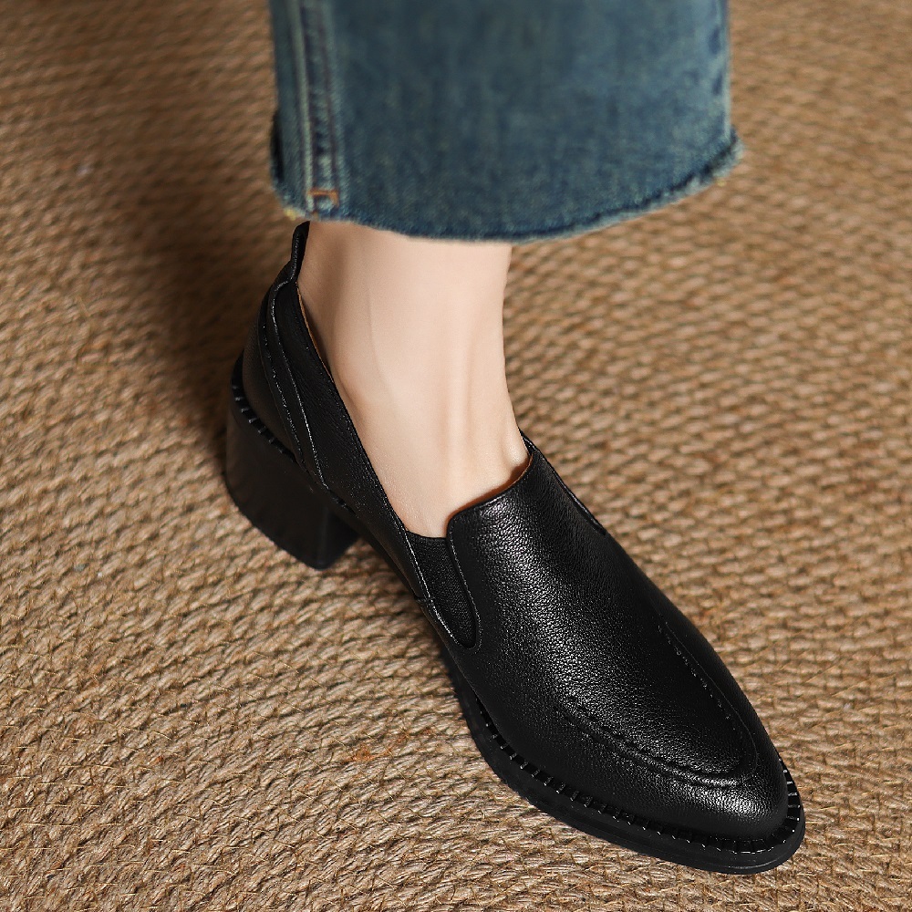 Pointed-toe British Style 5.5 CM Block Heel Slip-On Stitched Leather Women's Spring Sheepskin Versatile Retro Commuter Flat Shoes 60406