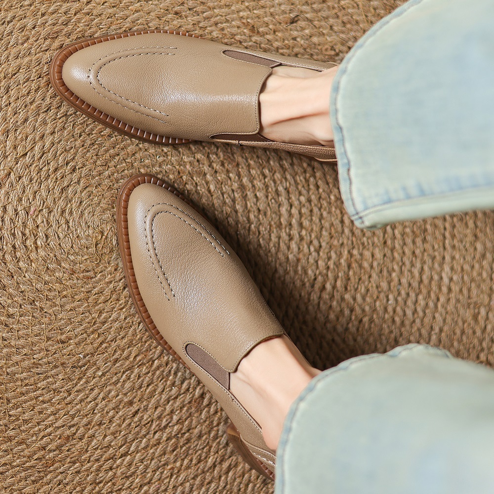 Pointed-toe British Style 5.5 CM Block Heel Slip-On Stitched Leather Women's Spring Sheepskin Versatile Retro Commuter Flat Shoes 60406