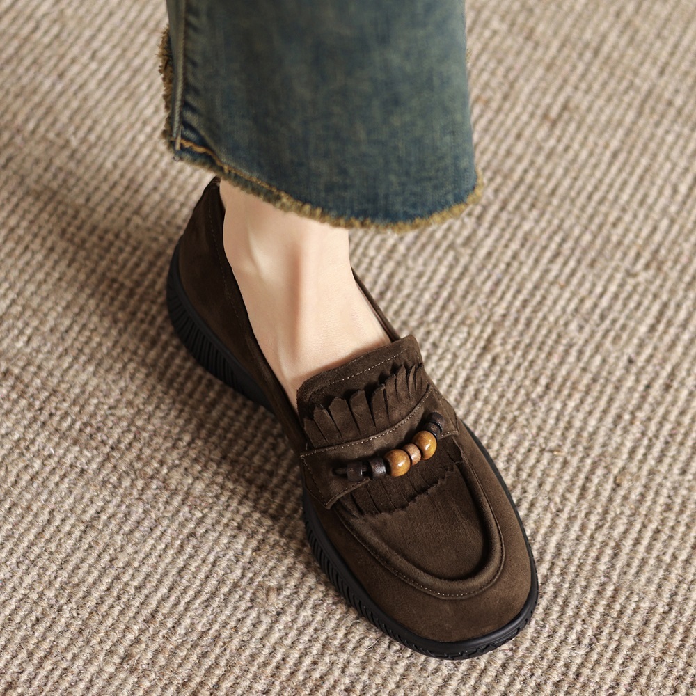 Matte Genuine Leather Beaded Soft Sole Comfortable 4 CM Thick Sole Loafers Slip-On Tassel Shallow Mouth Retro Spring Autumn Women's Casual Shoes 60406