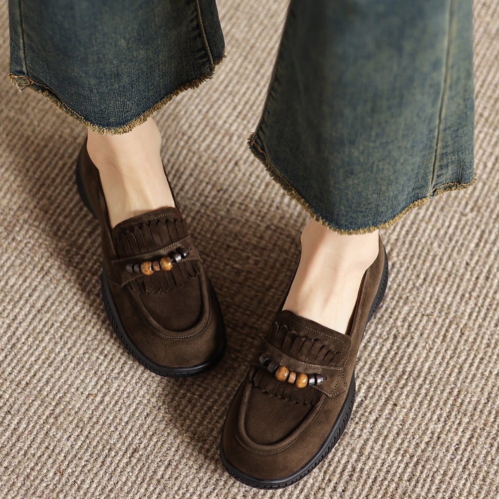 Matte Genuine Leather Beaded Soft Sole Comfortable 4 CM Thick Sole Loafers Slip-On Tassel Shallow Mouth Retro Spring Autumn Women's Casual Shoes 60406