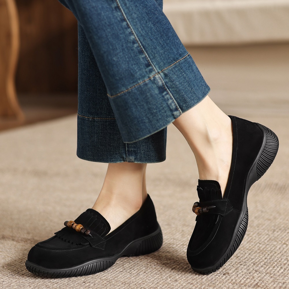 Matte Genuine Leather Beaded Soft Sole Comfortable 4 CM Thick Sole Loafers Slip-On Tassel Shallow Mouth Retro Spring Autumn Women's Casual Shoes 60406