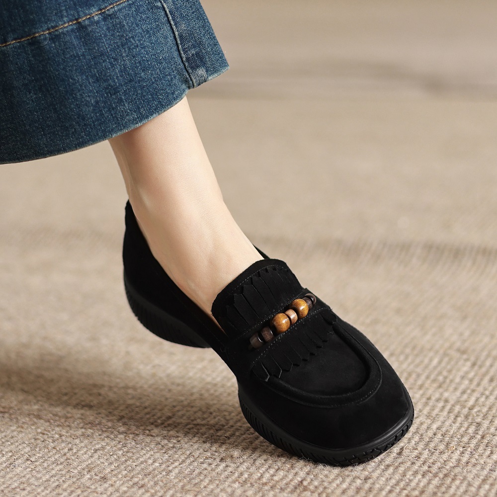 Matte Genuine Leather Beaded Soft Sole Comfortable 4 CM Thick Sole Loafers Slip-On Tassel Shallow Mouth Retro Spring Autumn Women's Casual Shoes 60406