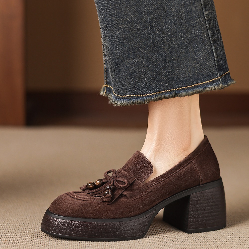 Matte Sheepskin Tassel 7 CM Block Heel Beaded Bow Slip-On New Arrival Spring Autumn Retro Versatile Commuter Women's Loafers 60406