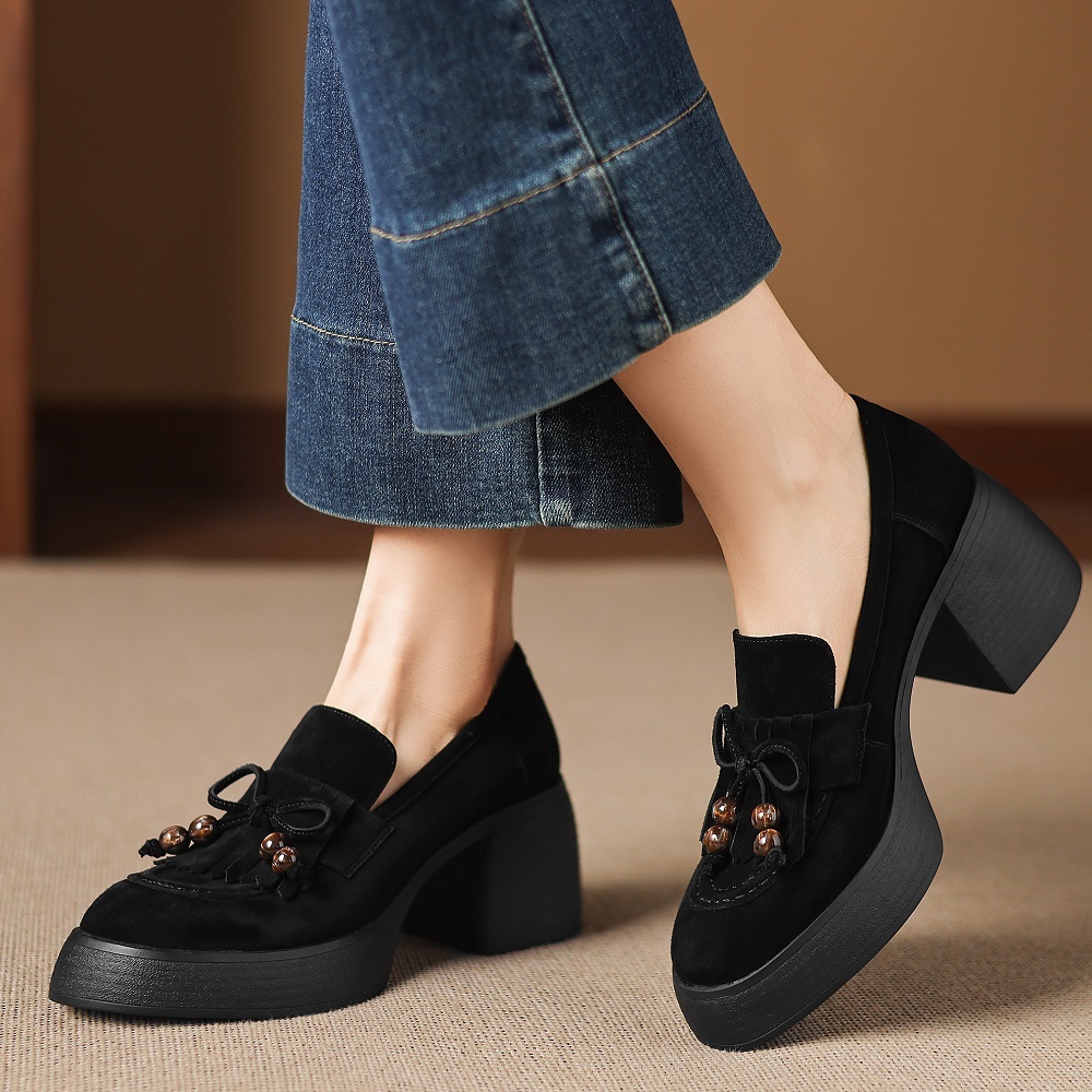 Matte Sheepskin Tassel 7 CM Block Heel Beaded Bow Slip-On New Arrival Spring Autumn Retro Versatile Commuter Women's Loafers 60406