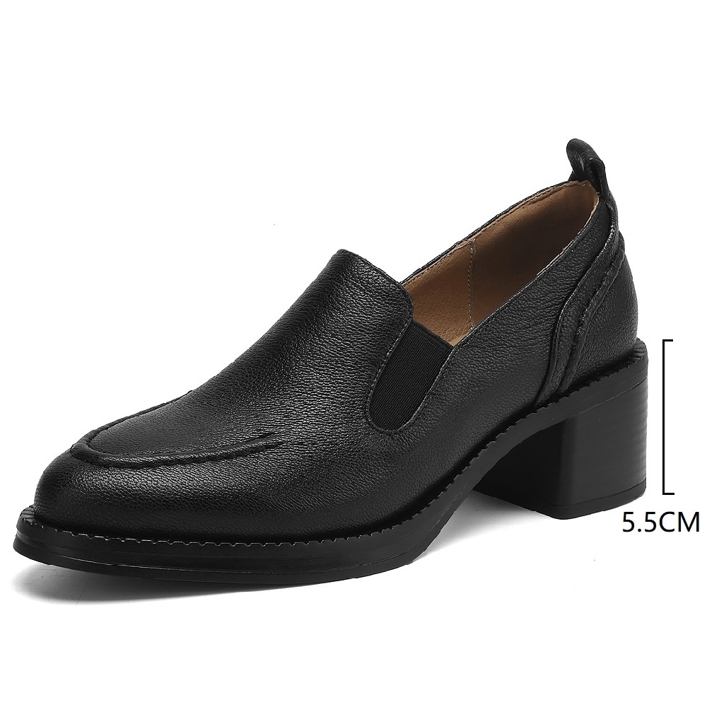Pointed-toe British Style 5.5 CM Block Heel Slip-On Stitched Leather Women's Spring Sheepskin Versatile Retro Commuter Flat Shoes 60406