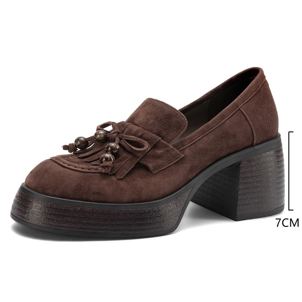Matte Sheepskin Tassel 7 CM Block Heel Beaded Bow Slip-On New Arrival Spring Autumn Retro Versatile Commuter Women's Loafers 60406