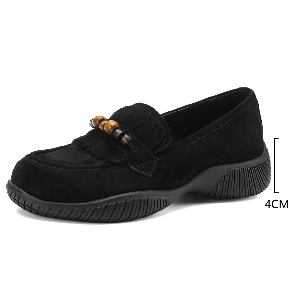 Matte Genuine Leather Beaded Soft Sole Comfortable 4 CM Thick Sole Loafers Slip-On Tassel Shallow Mouth Retro Spring Autumn Women's Casual Shoes 60406