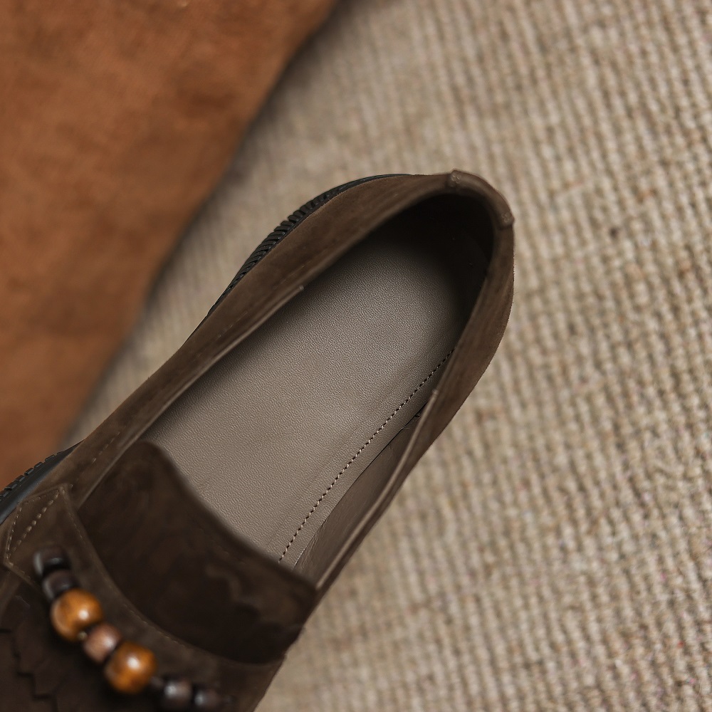 Matte Genuine Leather Beaded Soft Sole Comfortable 4 CM Thick Sole Loafers Slip-On Tassel Shallow Mouth Retro Spring Autumn Women's Casual Shoes 60406