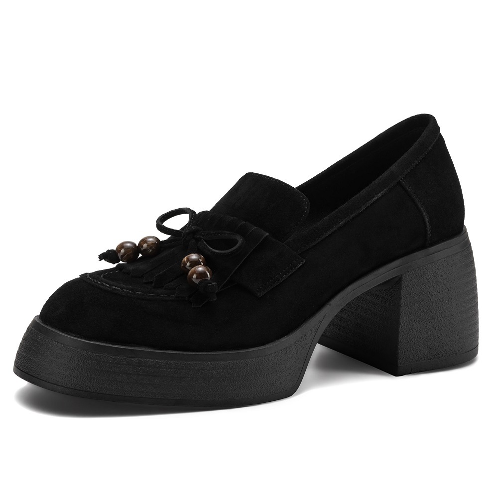 Matte Sheepskin Tassel 7 CM Block Heel Beaded Bow Slip-On New Arrival Spring Autumn Retro Versatile Commuter Women's Loafers 60406