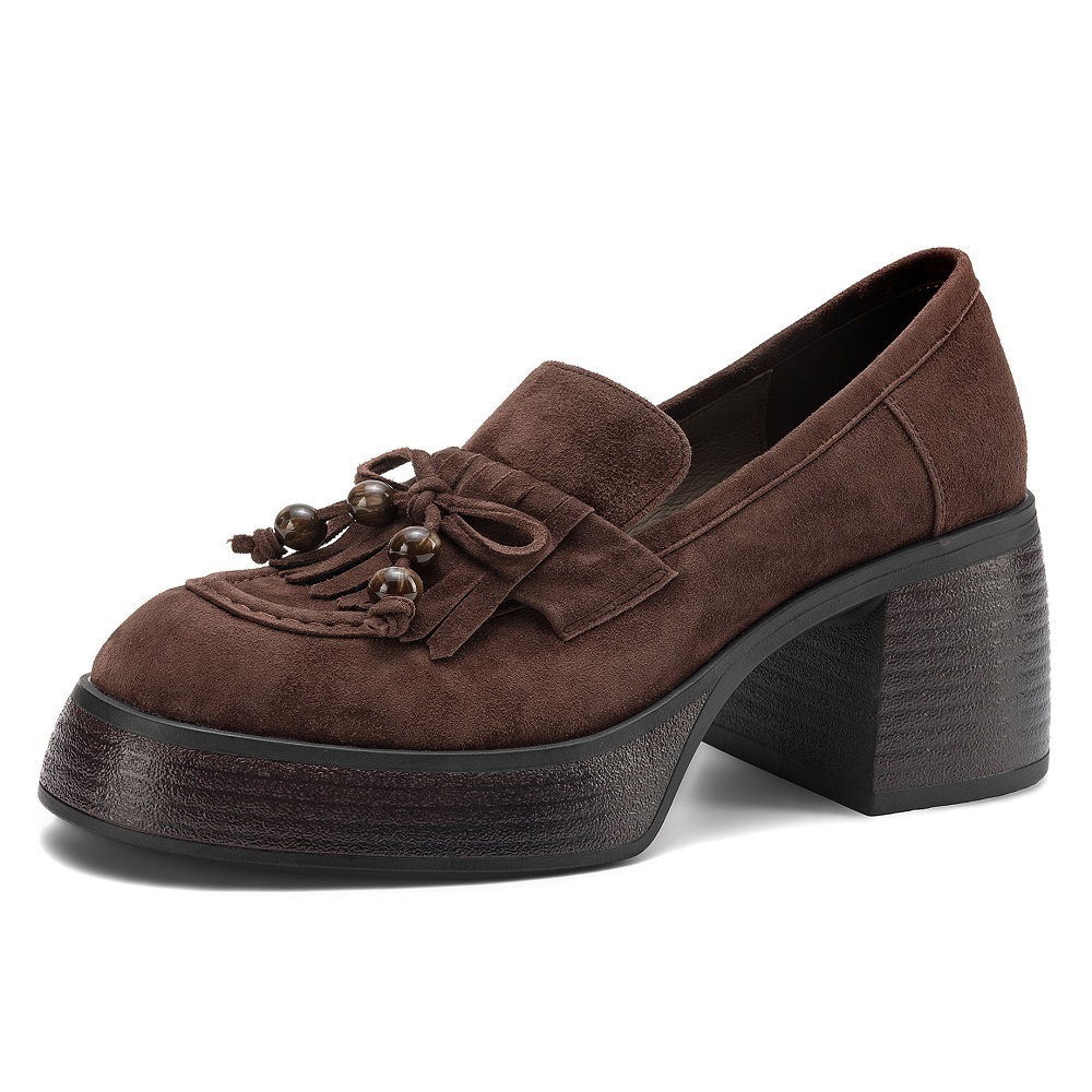 Matte Sheepskin Tassel 7 CM Block Heel Beaded Bow Slip-On New Arrival Spring Autumn Retro Versatile Commuter Women's Loafers 60406