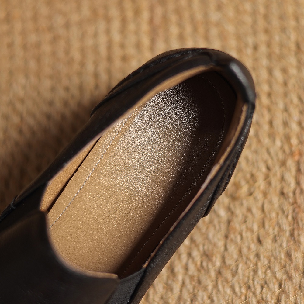 Pointed-toe British Style 5.5 CM Block Heel Slip-On Stitched Leather Women's Spring Sheepskin Versatile Retro Commuter Flat Shoes 60406