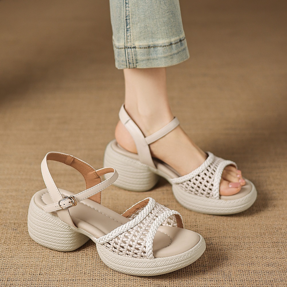 New Summer Genuine Leather Woven Cut Out One-Strap Open Toe Open Heel 6 CM Chunky Sole Versatile Casual Fashion Gladiator Sandals 60407
