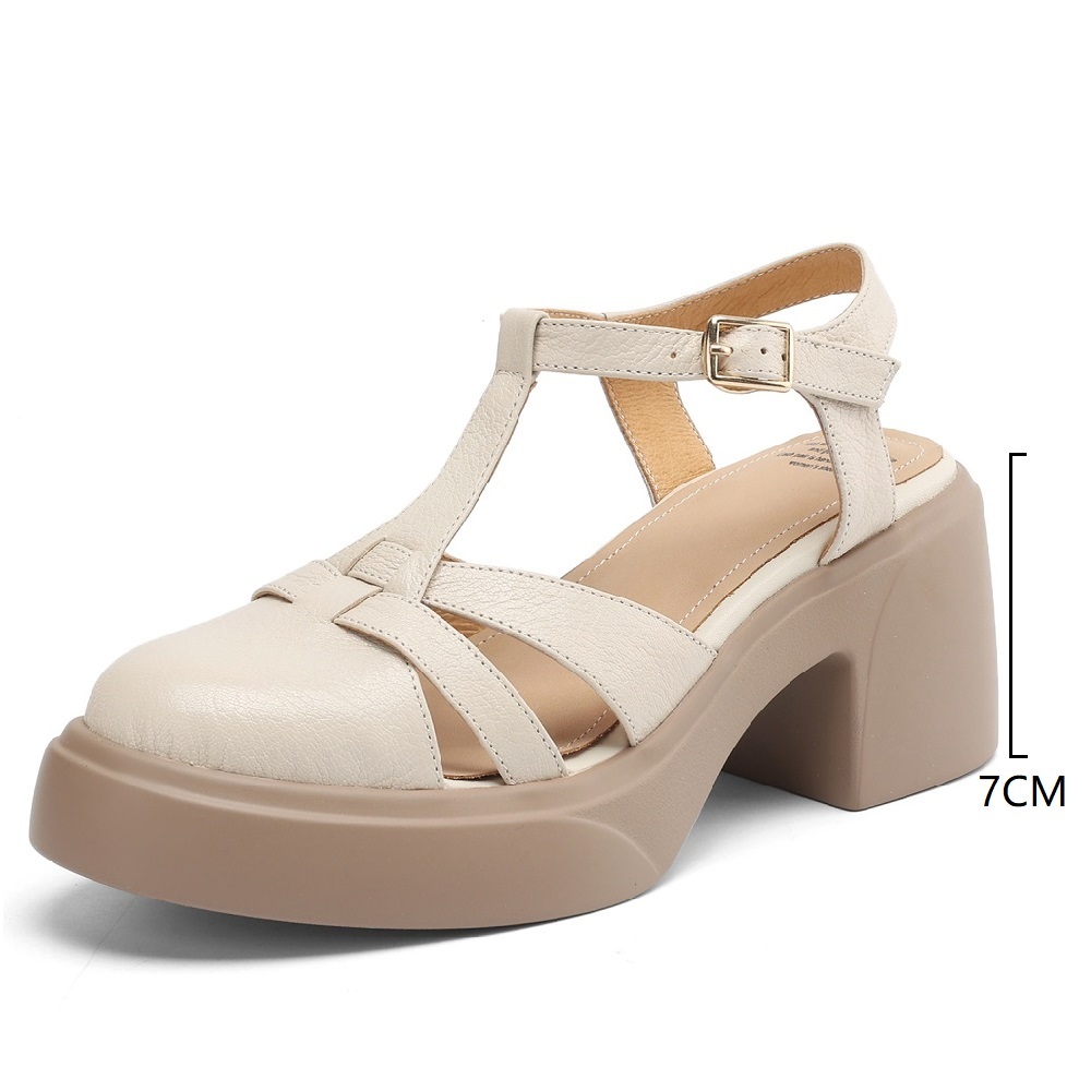 Closed-Toe Women's Summer Gladiator Sandals T-Strap Cut Out Buckle 7 CM Square Heel Concise Comfortable Genuine Leather Woven Versatile Shoes 60407
