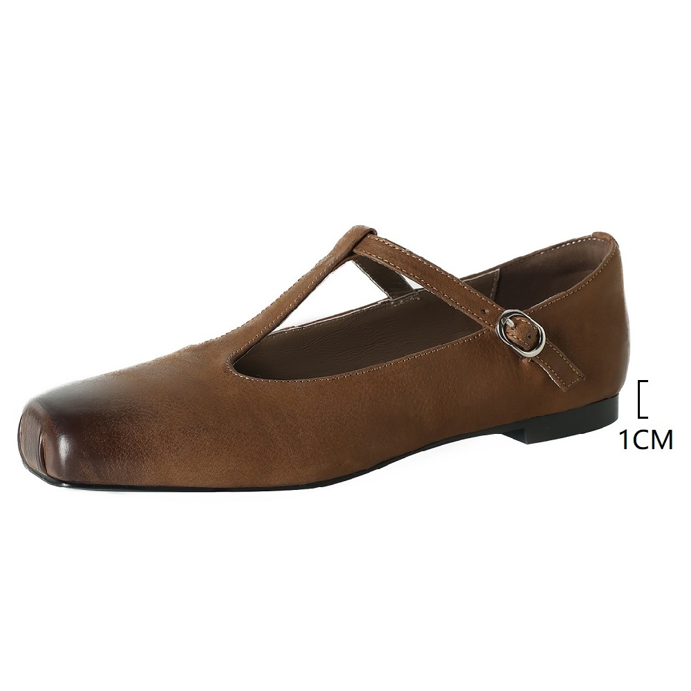 Shallow Mouth Cut Out T-Strap Square Toe Retro French Style Spring Summer Belt Buckle Genuine Leather Women's Burnished Versatile Flats 60407