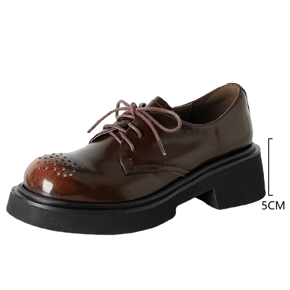 Women's Retro British Style Brogue Carved Genuine Leather Burnished Lace-Up Oxfords 5 CM Chunky Heel Cut Out Spring Autumn Shoes 60407
