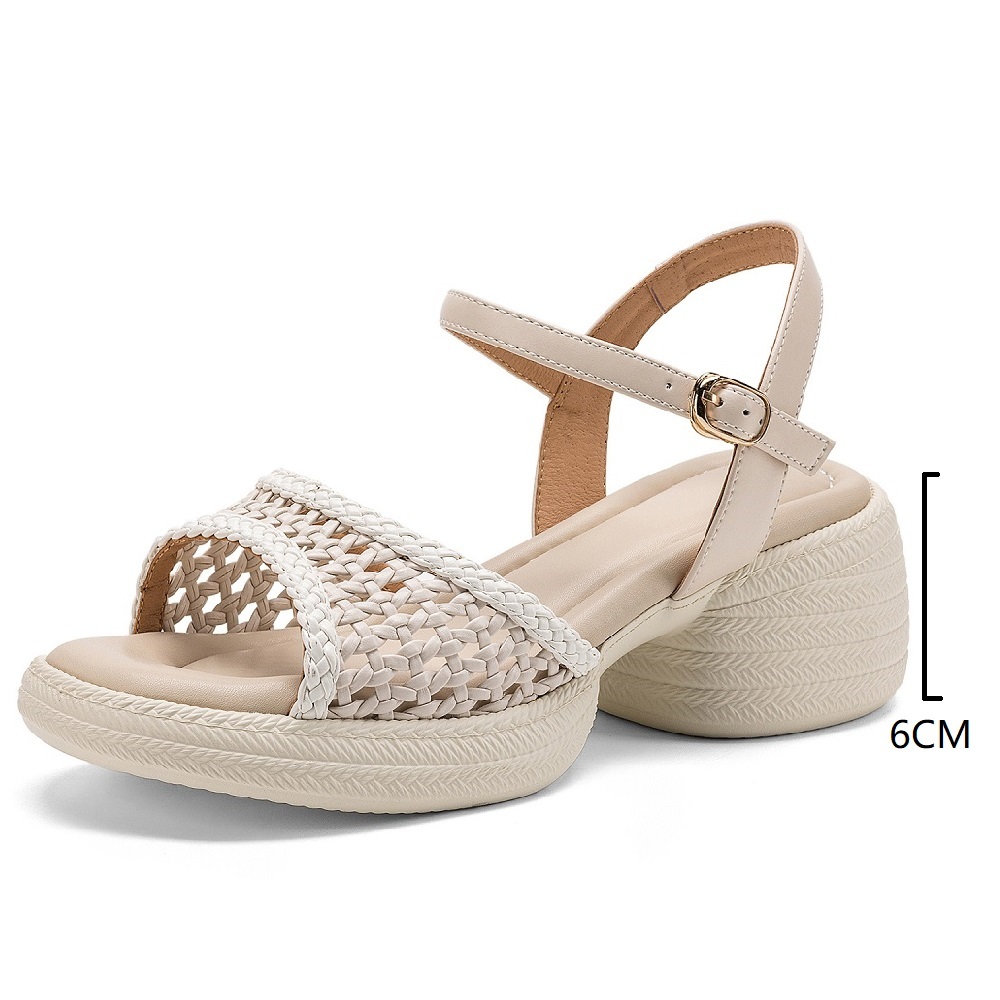 New Summer Genuine Leather Woven Cut Out One-Strap Open Toe Open Heel 6 CM Chunky Sole Versatile Casual Fashion Gladiator Sandals 60407