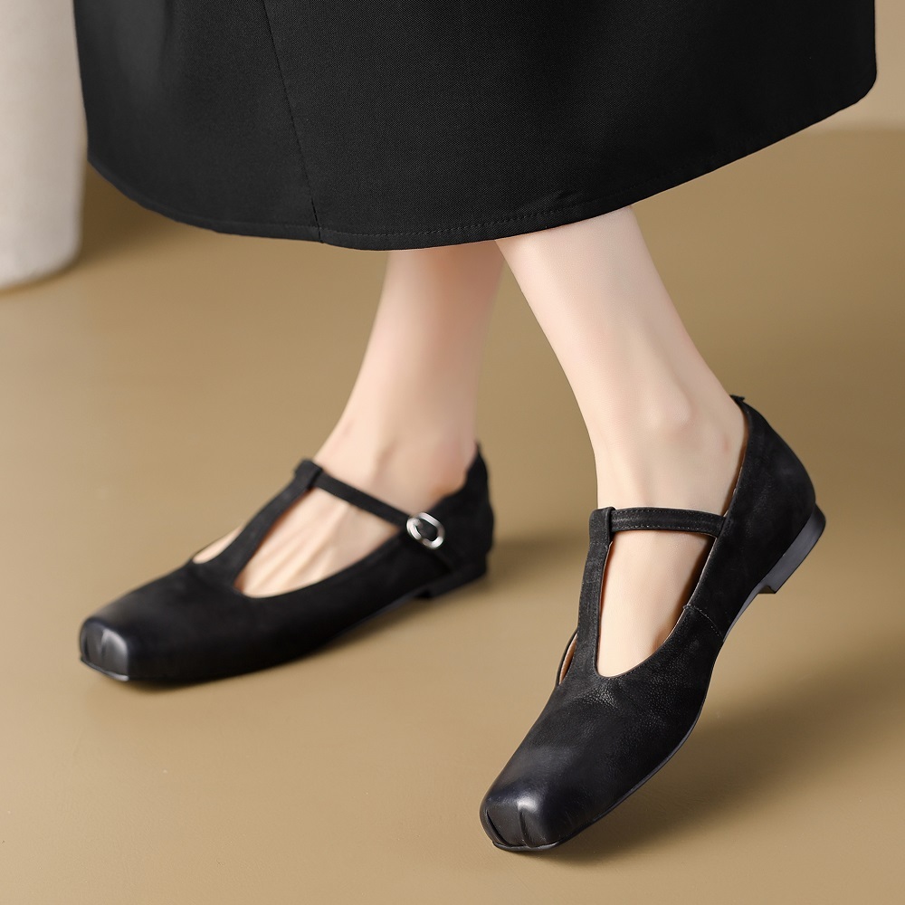 Shallow Mouth Cut Out T-Strap Square Toe Retro French Style Spring Summer Belt Buckle Genuine Leather Women's Burnished Versatile Flats 60407