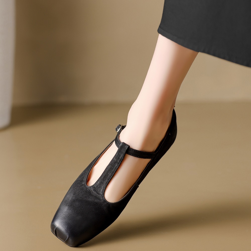 Shallow Mouth Cut Out T-Strap Square Toe Retro French Style Spring Summer Belt Buckle Genuine Leather Women's Burnished Versatile Flats 60407