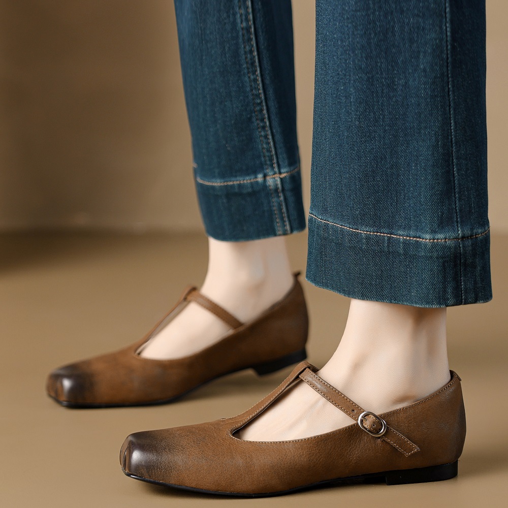 Shallow Mouth Cut Out T-Strap Square Toe Retro French Style Spring Summer Belt Buckle Genuine Leather Women's Burnished Versatile Flats 60407