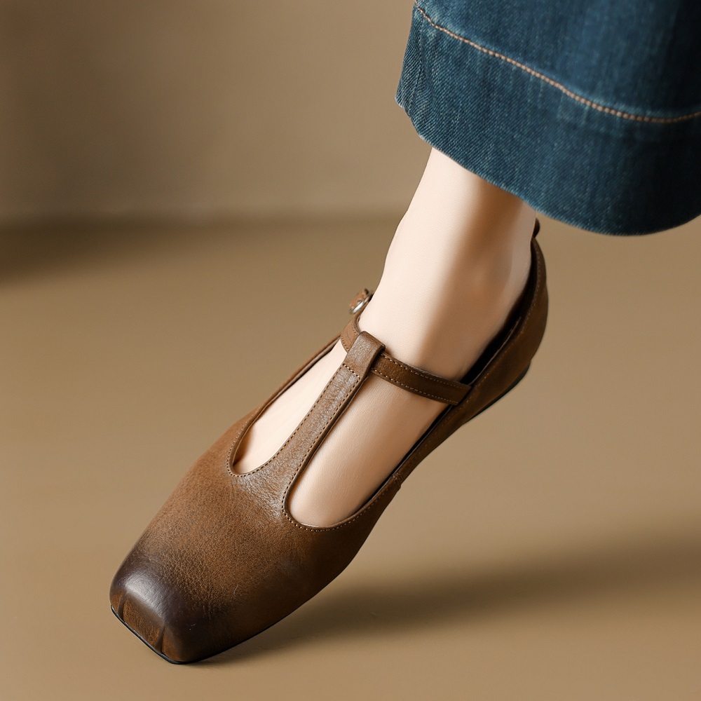 Shallow Mouth Cut Out T-Strap Square Toe Retro French Style Spring Summer Belt Buckle Genuine Leather Women's Burnished Versatile Flats 60407