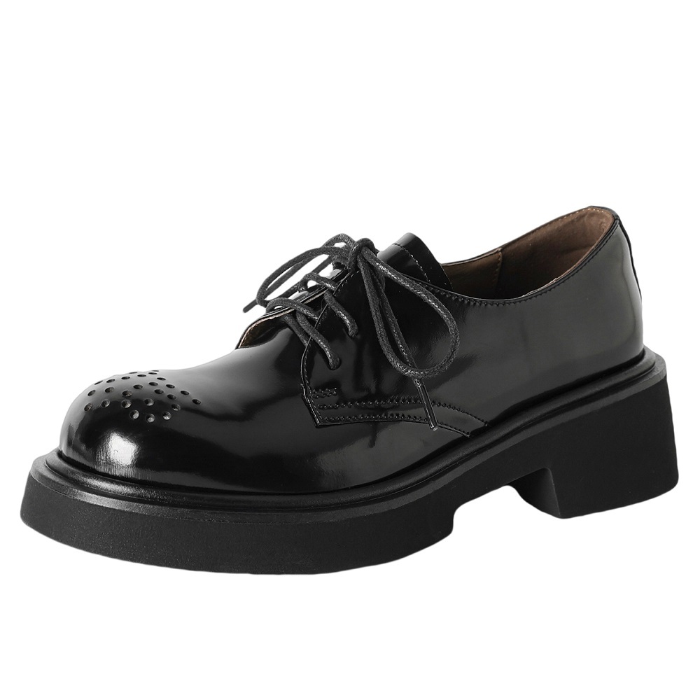 Women's Retro British Style Brogue Carved Genuine Leather Burnished Lace-Up Oxfords 5 CM Chunky Heel Cut Out Spring Autumn Shoes 60407