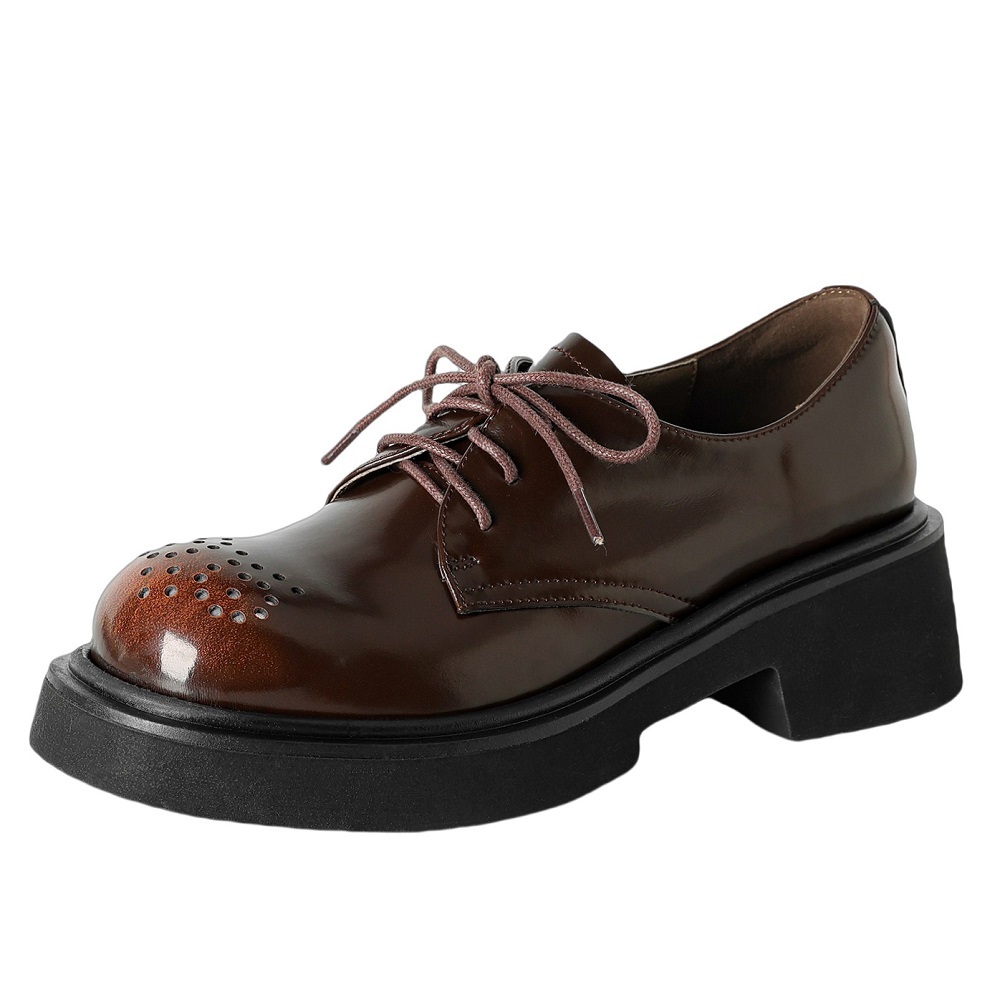 Women's Retro British Style Brogue Carved Genuine Leather Burnished Lace-Up Oxfords 5 CM Chunky Heel Cut Out Spring Autumn Shoes 60407