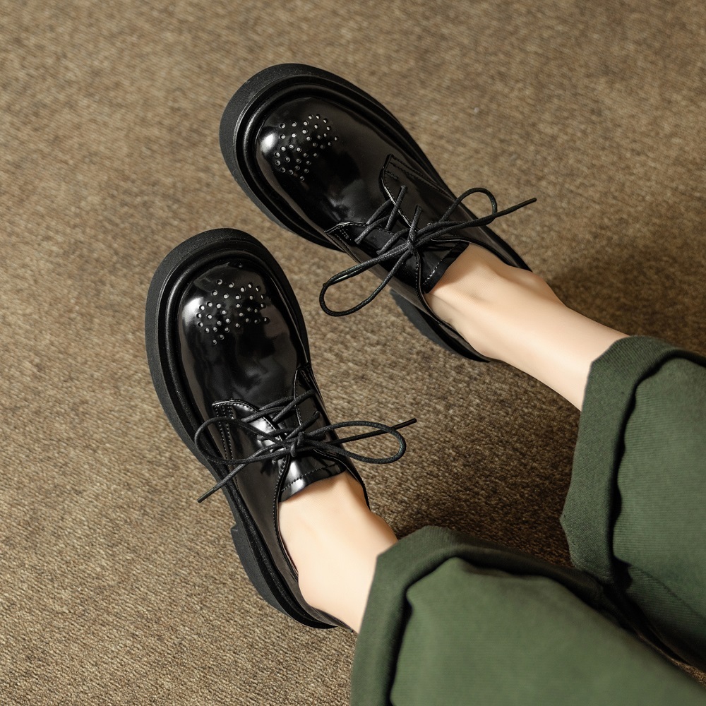Women's Retro British Style Brogue Carved Genuine Leather Burnished Lace-Up Oxfords 5 CM Chunky Heel Cut Out Spring Autumn Shoes 60407
