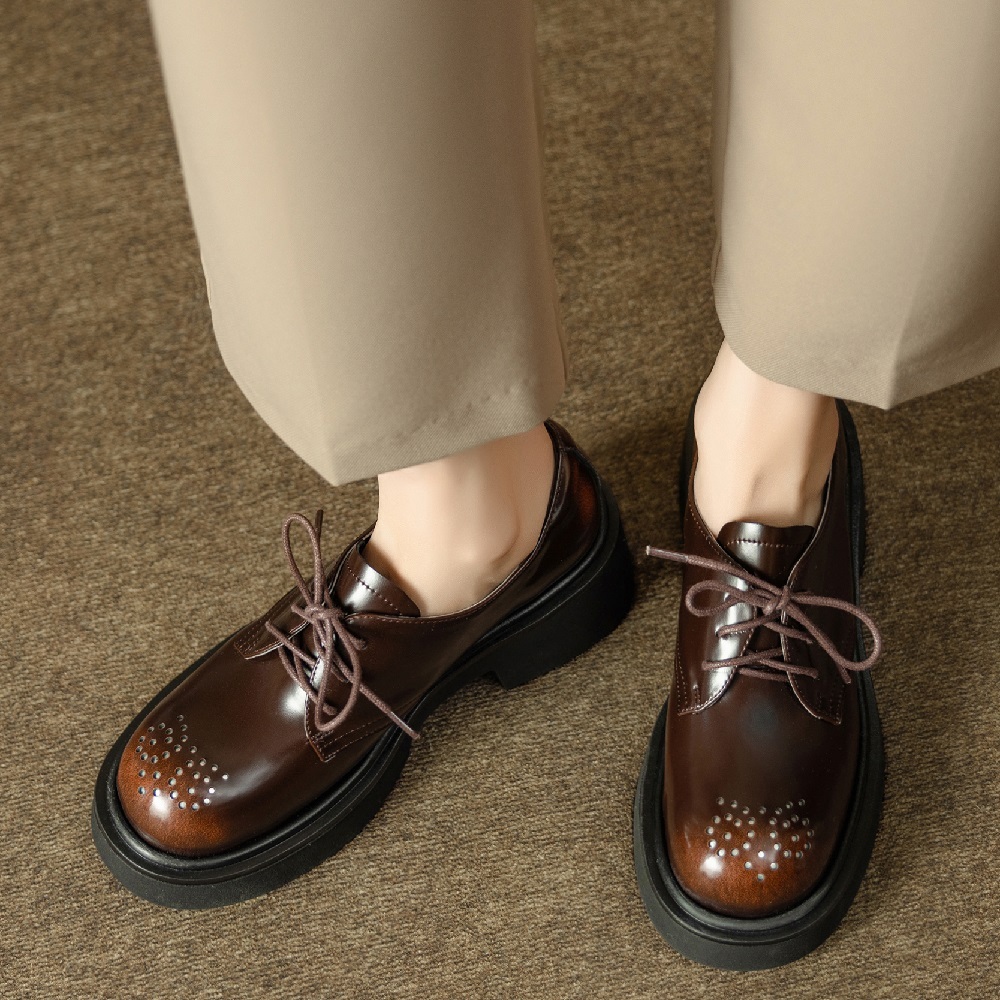 Women's Retro British Style Brogue Carved Genuine Leather Burnished Lace-Up Oxfords 5 CM Chunky Heel Cut Out Spring Autumn Shoes 60407