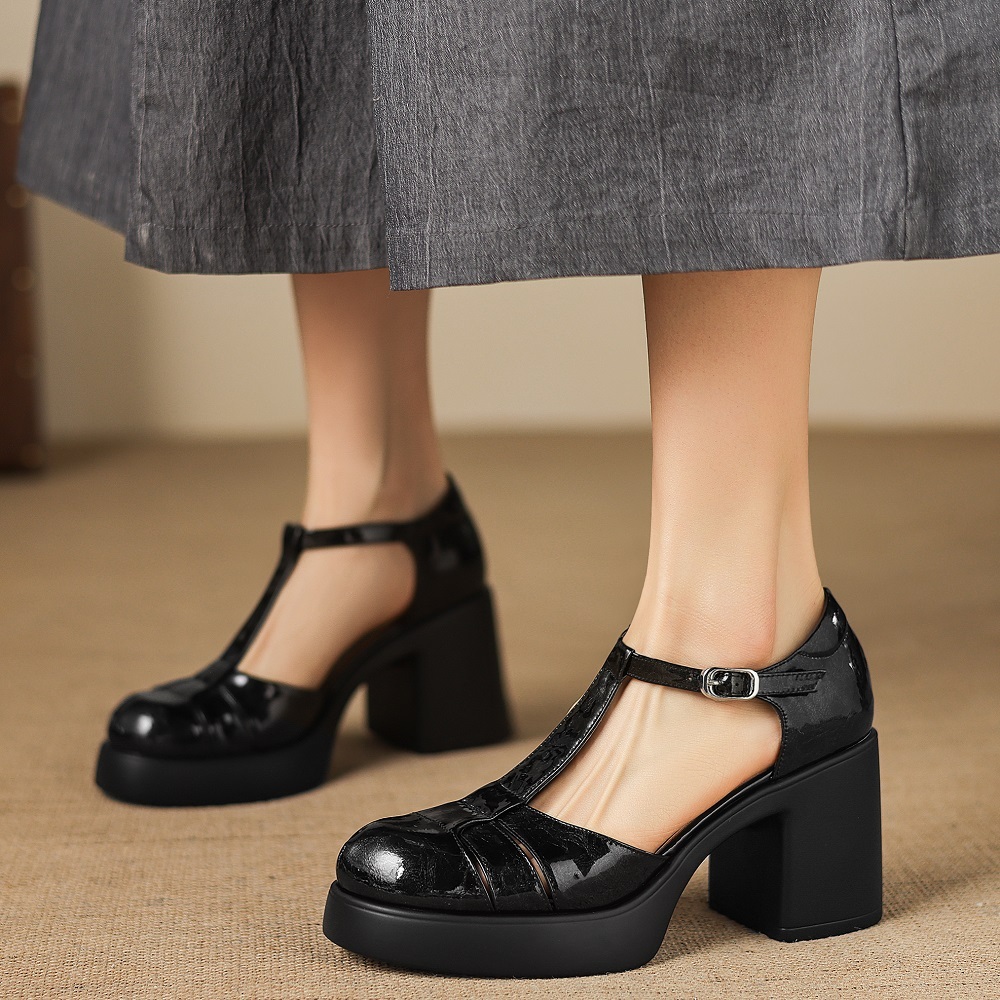 Women's Slim 8 CM Block Heel Sandals Closed Toe T-Strap Genuine Leather Cut Out Mary Jane Summer Gladiator Versatile Fashion Shoes 60408