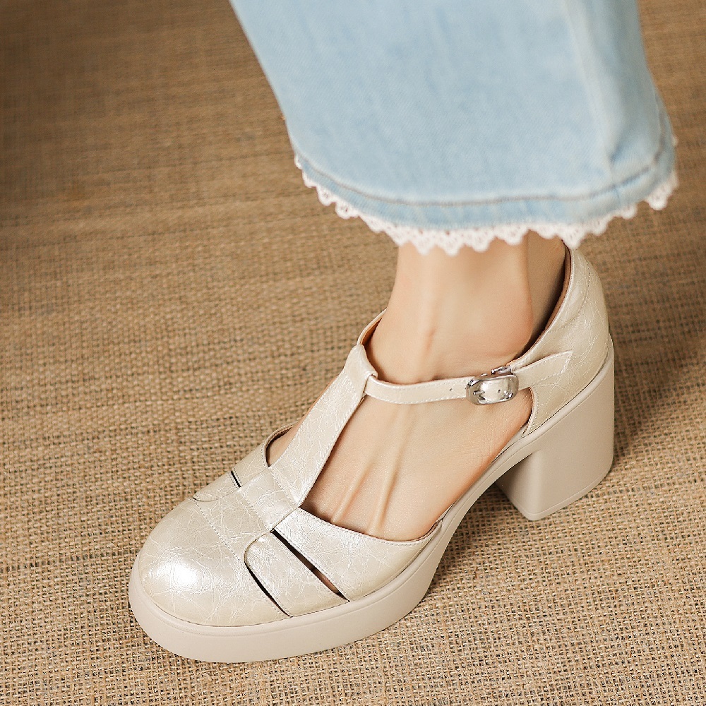 Women's Slim 8 CM Block Heel Sandals Closed Toe T-Strap Genuine Leather Cut Out Mary Jane Summer Gladiator Versatile Fashion Shoes 60408