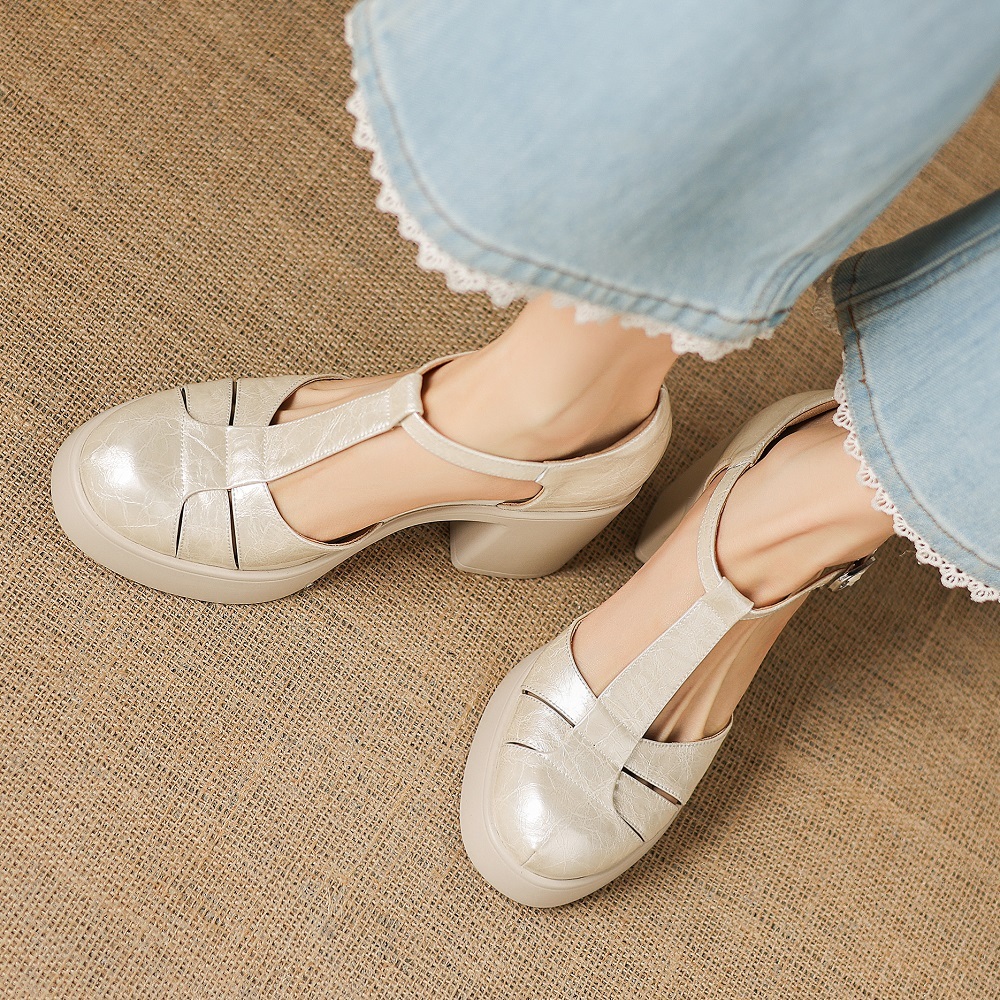 Women's Slim 8 CM Block Heel Sandals Closed Toe T-Strap Genuine Leather Cut Out Mary Jane Summer Gladiator Versatile Fashion Shoes 60408