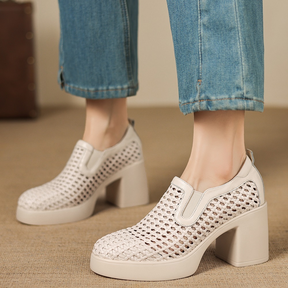 Women's Hollow Breathable Genuine Leather Concise Slim Fit 8 CM Block Heel Woven Slip-On Spring Summer Pointed Toe Gladiator Commuter Single Shoes 60406