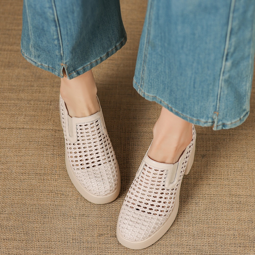 Women's Hollow Breathable Genuine Leather Concise Slim Fit 8 CM Block Heel Woven Slip-On Spring Summer Pointed Toe Gladiator Commuter Single Shoes 60406
