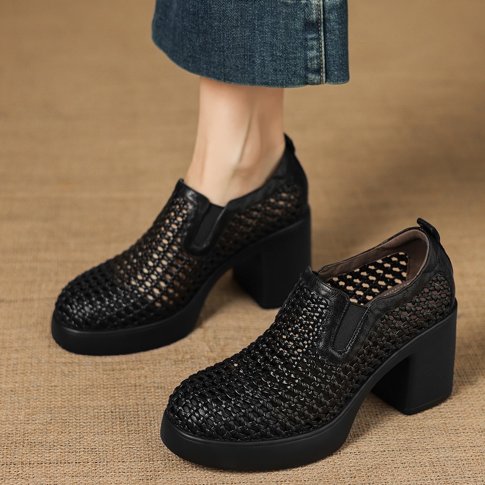 Women's Hollow Breathable Genuine Leather Concise Slim Fit 8 CM Block Heel Woven Slip-On Spring Summer Pointed Toe Gladiator Commuter Single Shoes 60406