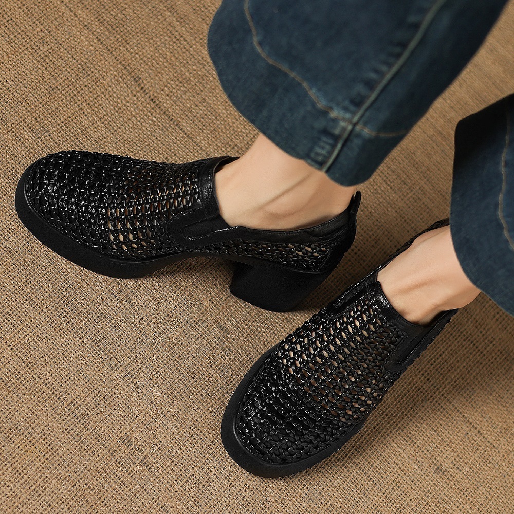 Women's Hollow Breathable Genuine Leather Concise Slim Fit 8 CM Block Heel Woven Slip-On Spring Summer Pointed Toe Gladiator Commuter Single Shoes 60406