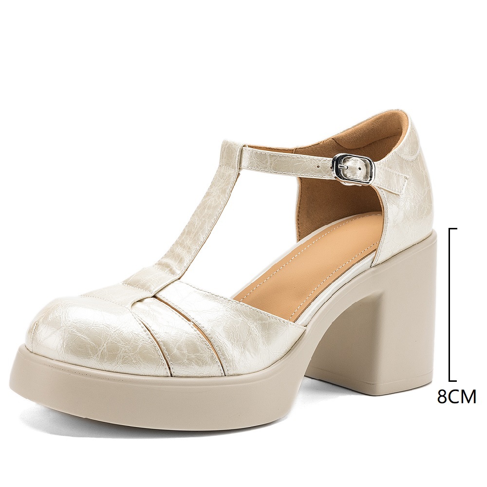 Women's Slim 8 CM Block Heel Sandals Closed Toe T-Strap Genuine Leather Cut Out Mary Jane Summer Gladiator Versatile Fashion Shoes 60408