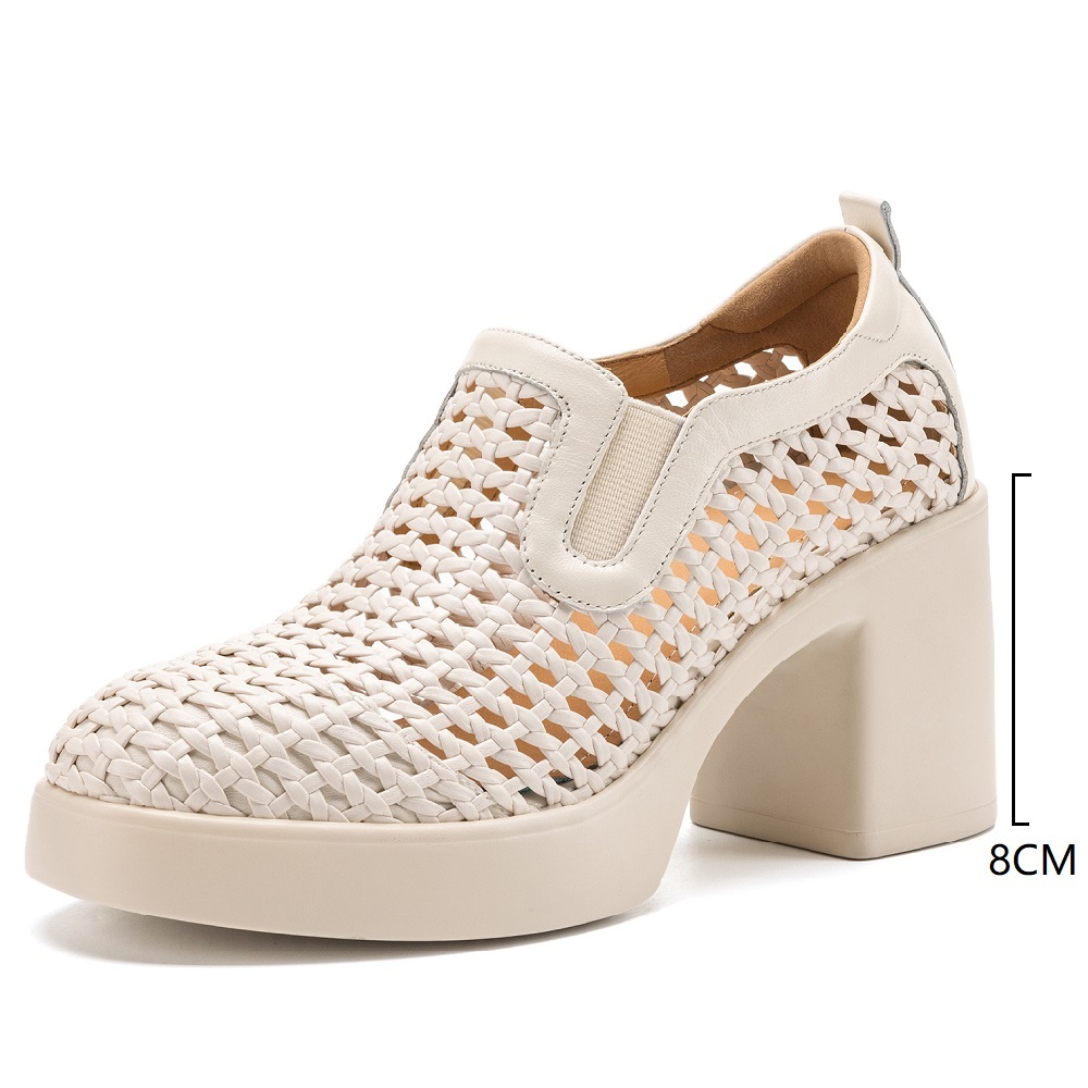 Women's Hollow Breathable Genuine Leather Concise Slim Fit 8 CM Block Heel Woven Slip-On Spring Summer Pointed Toe Gladiator Commuter Single Shoes 60406