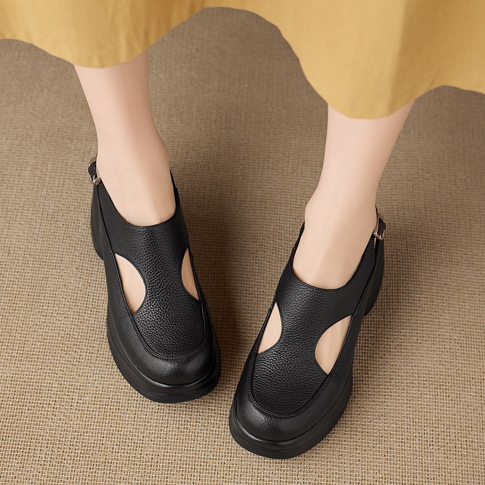 Women's Genuine Leather Cut Out 9 CM Thick Soled Closed Toe Sandals Casual Back Strap Slingbacks Korean Style Versatile Gladiator Sandals 60408