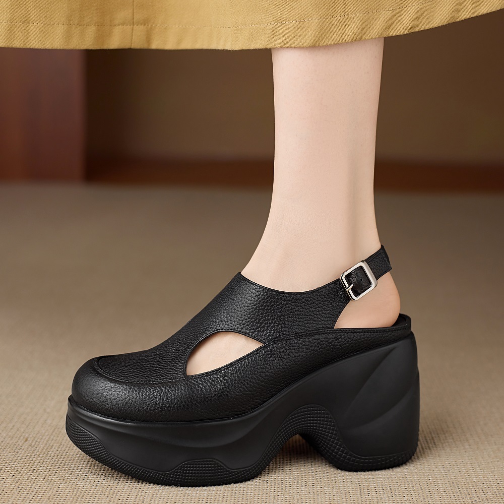 Women's Genuine Leather Cut Out 9 CM Thick Soled Closed Toe Sandals Casual Back Strap Slingbacks Korean Style Versatile Gladiator Sandals 60408
