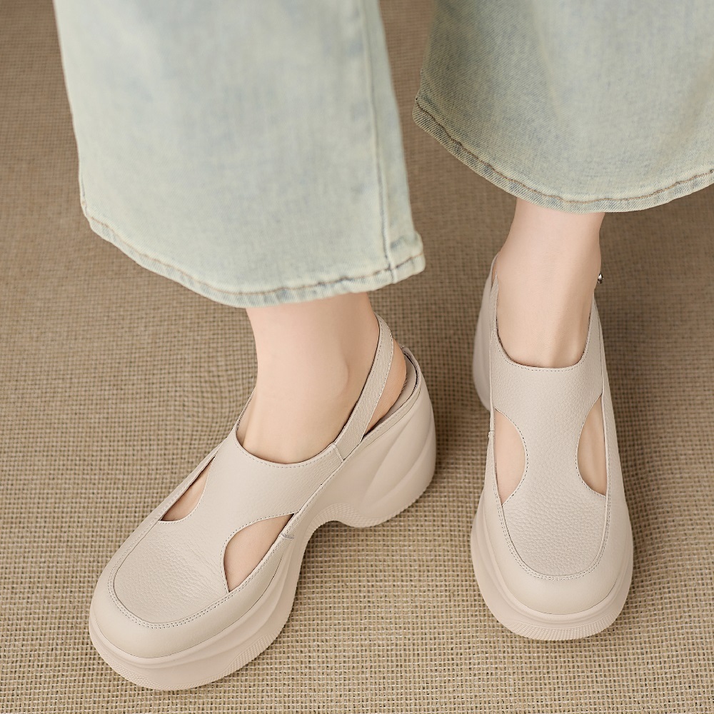 Women's Genuine Leather Cut Out 9 CM Thick Soled Closed Toe Sandals Casual Back Strap Slingbacks Korean Style Versatile Gladiator Sandals 60408