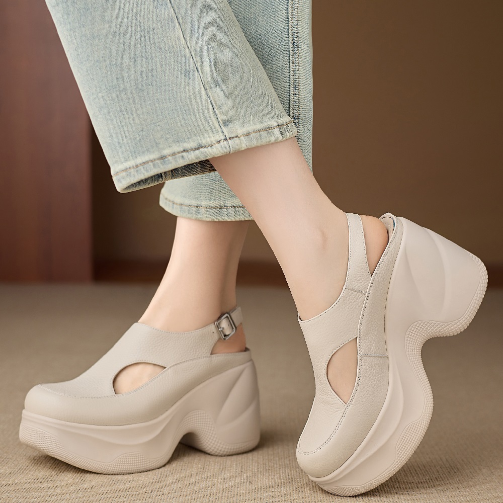 Women's Genuine Leather Cut Out 9 CM Thick Soled Closed Toe Sandals Casual Back Strap Slingbacks Korean Style Versatile Gladiator Sandals 60408