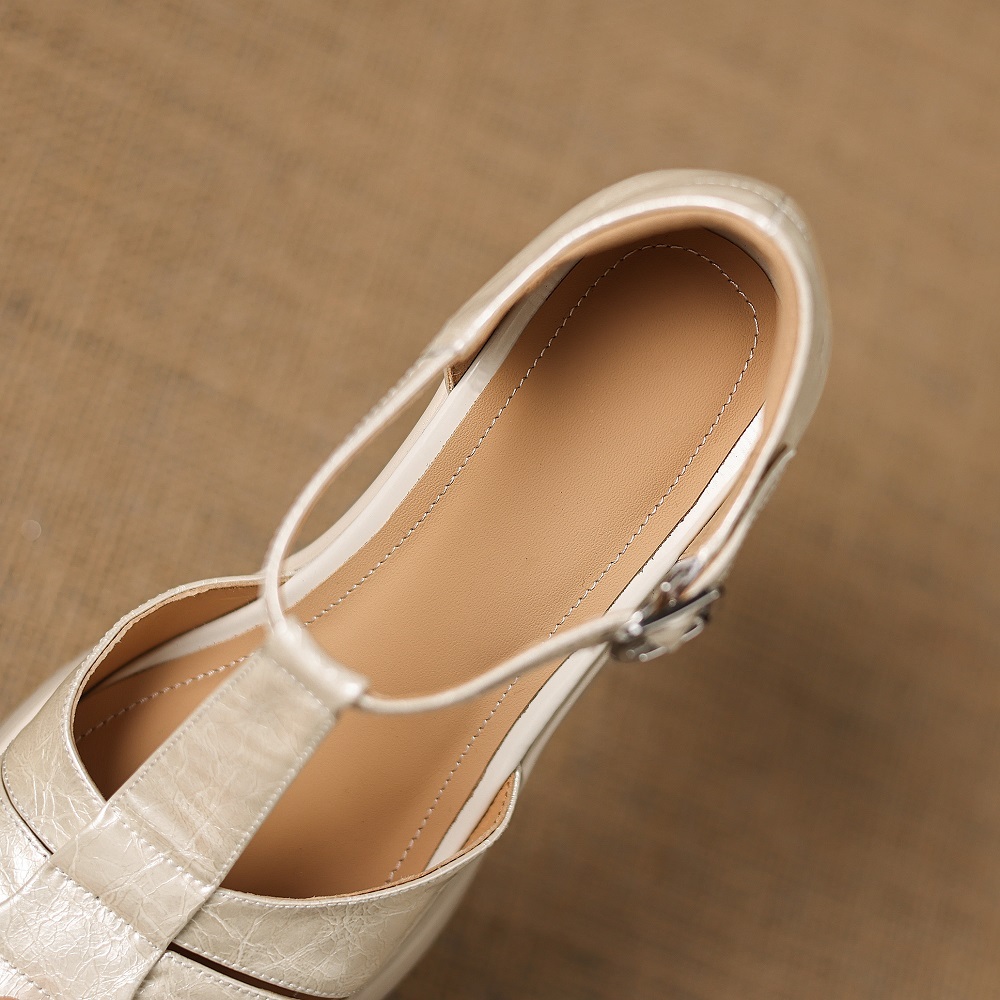Women's Slim 8 CM Block Heel Sandals Closed Toe T-Strap Genuine Leather Cut Out Mary Jane Summer Gladiator Versatile Fashion Shoes 60408