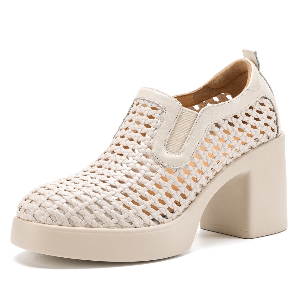 Women's Hollow Breathable Genuine Leather Concise Slim Fit 8 CM Block Heel Woven Slip-On Spring Summer Pointed Toe Gladiator Commuter Single Shoes 60406